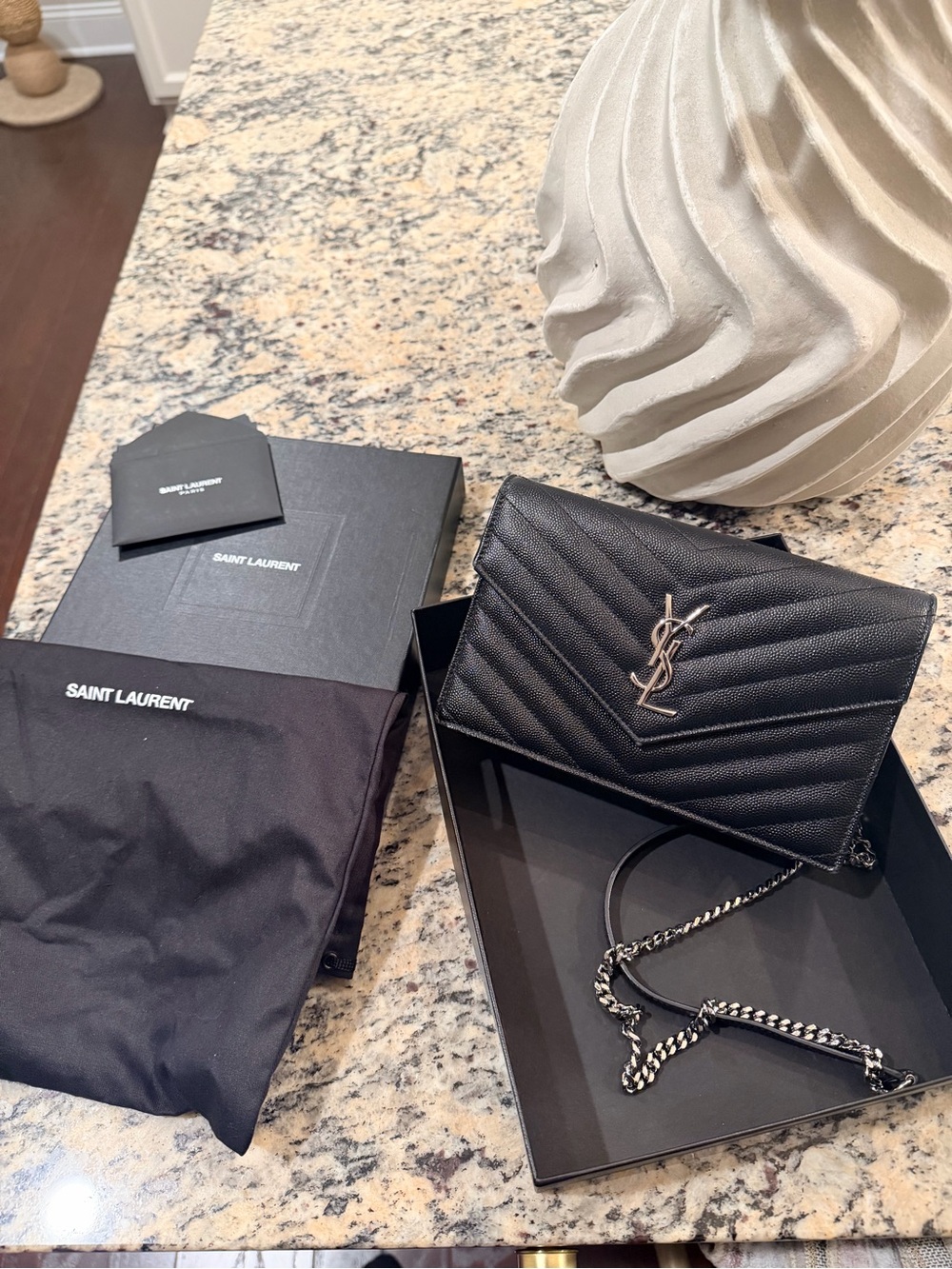 Saint Laurent Black Quilted Leather Chain Wallet with YSL Emblem